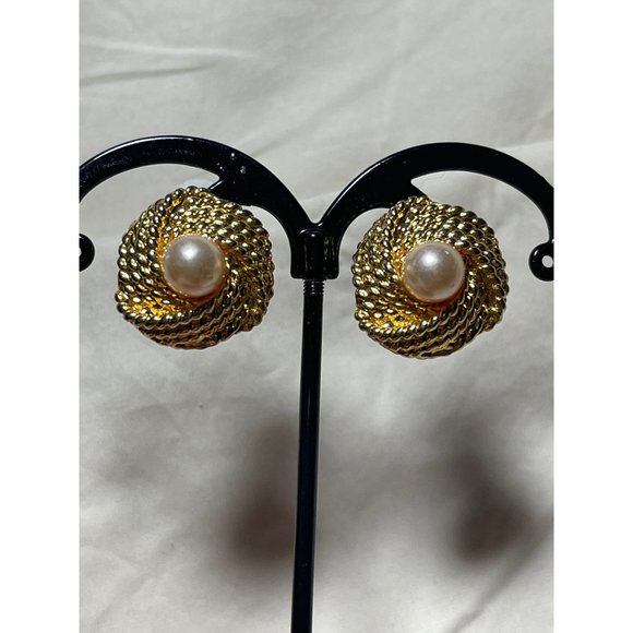 Gold Tone Knot Rope Faux Pearl Clip-On Earrings - Picture 5 of 13